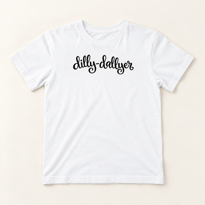 White Dilly-Dallyer big kids tee with black script on a neutral background