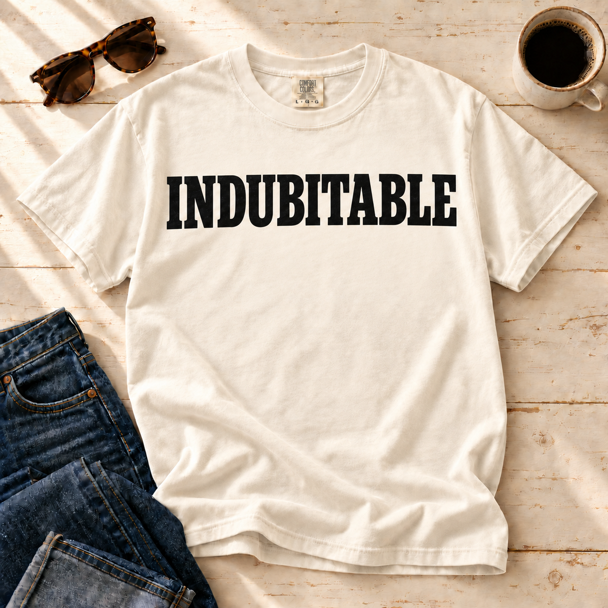 Ivory Indubitable tee laid flat with jeans, sunglasses, and coffee.