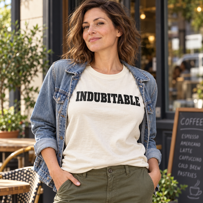 Woman wearing an ivory Indubitable tee and denim jacket outside a cafe.