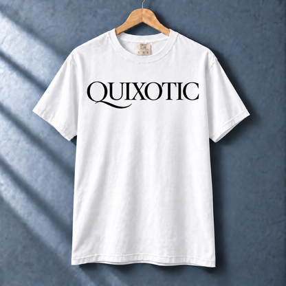 White Quixotic tee with black serif lettering and Q flourish on a hanger against a blue-gray wall.